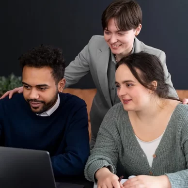 Corporate innovation team brainstorming with post-its, digital screens, and strategy frameworks
